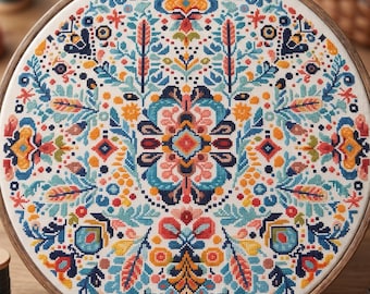 Schema astratto a punto croce con mandala di foglie, fiori, arcobaleno, punto croce moderno, PDF, download immediato, MDL136