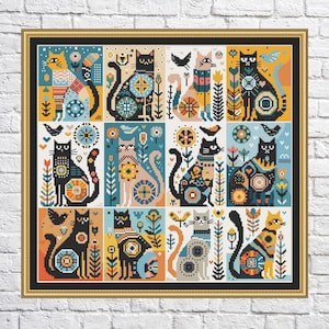Set von 12 Katzen, Kreuzstichmuster, moderner Kreuzstich, PDF, sofort-Download, CAT13