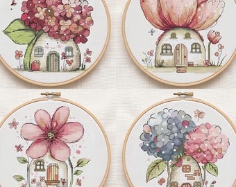 Set di 4 schemi per punto croce "Casetta di fiori delle fate", schema per punto croce con fiori, punto croce moderno, PDF, download immediato, FLR106