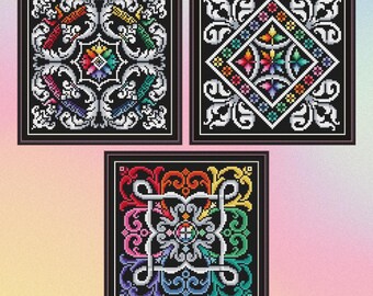 3er Set Patchwork, Kreuzstich Stickmuster, geometrisches Design, Sampler, Regenbogenfarben, moderner Kreuzstich, PDF, sofort Download, PATCH92