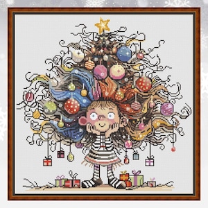 May include: A whimsical illustration of a girl with a Christmas tree made of her hair. The tree is decorated with colorful ornaments and lights. The girl is smiling and holding her hands to her cheeks. There are presents at the base of the tree.