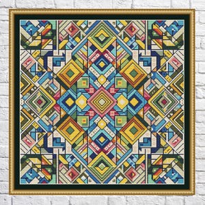 Puede incluir: Un patrón geométrico colorido con cuadrados y rectángulos en tonos de azul, verde, amarillo, rojo y rosa. El patrón es simétrico y crea una sensación de movimiento.