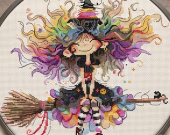 Schema per punto croce "Ragazza strega", punto croce moderno, PDF, download immediato, WITCH01-1