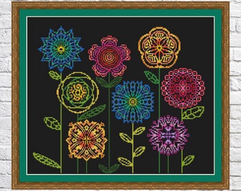 Regenboog mandala bloemen Cross Stitch Patronen, Natuur kruissteek patroon, moderne kruissteek, PDF, instant download, FLR22