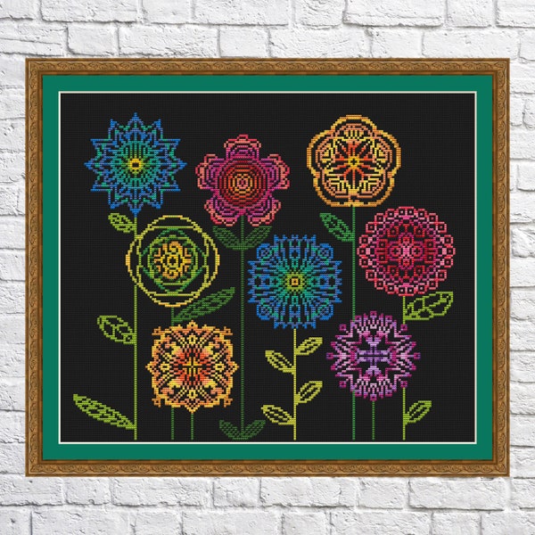 Rainbow mandala flowers Cross Stitch Patterns, Nature cross stitch pattern, modern cross stitch, PDF, instant download, FLR22