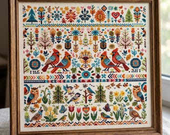 Folk Art Bird Cross Stitch Pattern, Colorful Nature Sampler, modern cross stitch, PDF, instant download, BIRD70