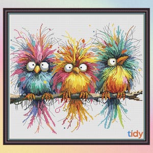 May include: A framed cross-stitch featuring three whimsical birds perched on a branch. The birds have large eyes and colorful, spiky plumage in shades of pink, blue, yellow, and green. The artwork is set against a white background.