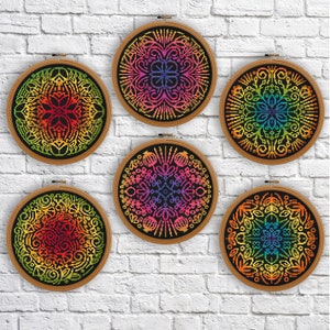 SET of 6 rainbow Mandala cross stitch pattern, Rainbow flower, Modern cross stitch, PDF, instant download, MDL47-6