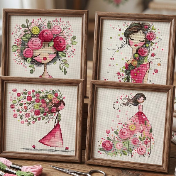Conjunto de 4 patrones de punto de cruz florales de moda para mujer, patrón de punto de cruz de flores, punto de cruz moderno, PDF, descarga instantánea, SPRING06