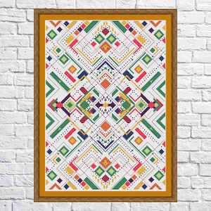 May include: A colorful geometric pattern cross stitch design with a white background. The pattern features a variety of shapes and colors, including red, orange, yellow, green, blue, and purple.
