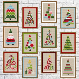 LOT de 12 arbres de Noël, motif point de croix, point de croix du nouvel an, vacances, point de croix moderne, PDF, téléchargement immédiat, CRM-SET1