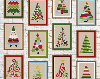 SET of 12 Christmas trees, cross stitch pattern, New Year cross stitch, Holidays, modern cross stitch, PDF, instant download, CRM-SET1