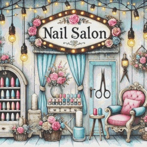 Puede incluir: Una encantadora ilustración de un salón de manicura con un letrero que dice "Nail Salon" sobre la puerta. El salón tiene un exterior azul claro con molduras blancas y una silla rosa con un patrón floral. Hay flores y luces colgadas en la parte delantera del edificio.