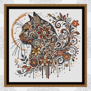 May include: A cross-stitch pattern of a cat's head with intricate floral designs in shades of orange, brown, and black.