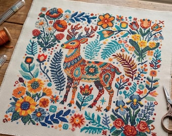Schema per punto croce con cervo in stile arte popolare natalizia, sampler floreale natalizio scandinavo, decorazione natalizia, PDF, download immediato, ANM100
