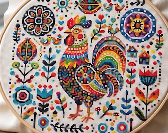 Colorful Folk Rooster Cross Stitch Pattern, modern cross stitch, PDF, instant download, COQ26