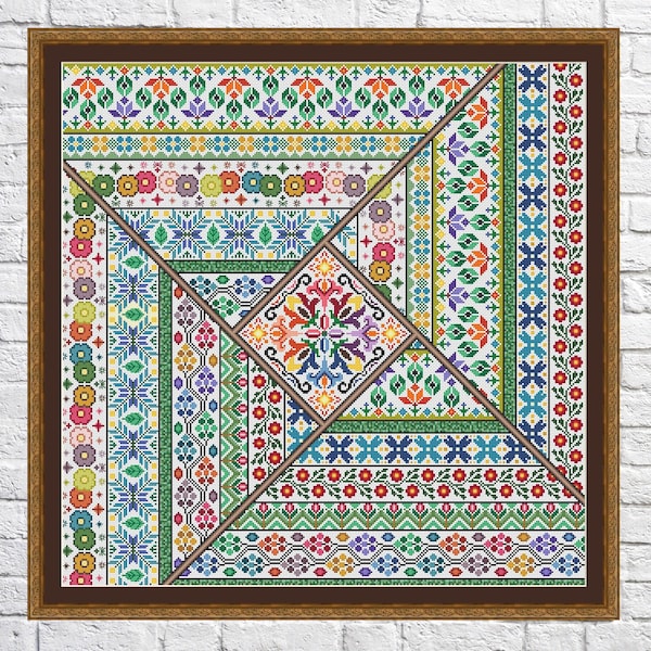 Patchwork Garden, cross stitch pattern, Geometric design, Sampler, Flowers, modern cross stitch, PDF, instant download, PATCH53