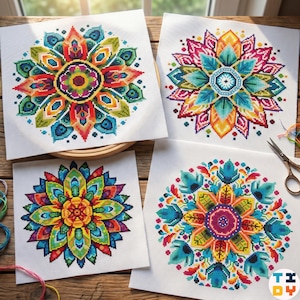 Könnte beinhalten: Vier quadratische Stücke aus weißem Aida-Stoff mit farbenfrohen Kreuzstich-Mandala-Mustern. Jedes Design zeigt symmetrische Blumenmotive in leuchtenden Blau-, Gelb-, Orange-, Rosa- und Grüntönen. Stickschere und Garn sind ebenfalls zu sehen.