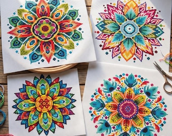 Set di 4 mandala floreali, schema per punto croce, arcobaleno, punto croce moderno, PDF, download immediato, MDL135