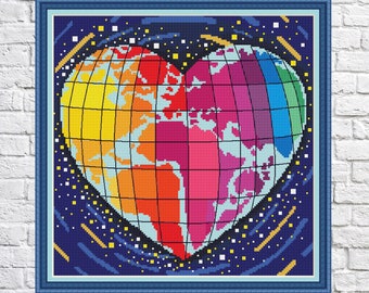 Love the World, Landscape cross stitch pattern, Nature, rainbow colors, modern cross stitch, PDF, instant download, WORLD01