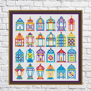 May include: A colourful cross-stitch pattern featuring 24 different designs of lanterns. The lanterns are in various colours, including red, blue, green, yellow, and orange. The pattern is perfect for cross-stitch enthusiasts who want to create a beautiful and festive piece of art.