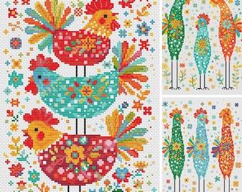 Set of 3 Colorful Rooster Cross Stitch Pattern PDF, Folk Art Chicken Embroidery Design, PDF, instant download, COQ23