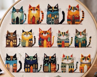 Cozy Cat Village Cross Stitch Pattern, Cat Lover cross stitch, PDF, instant download, CAT63