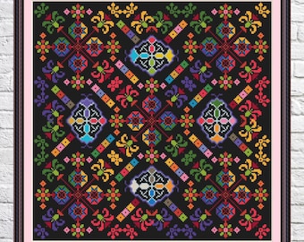 Patchwork, schema punto croce, disegno geometrico, campionatore, colori arcobaleno, punto croce moderno, PDF, download immediato, PATCH52