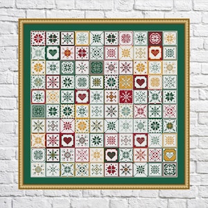 Puede incluir: Un patrón de punto de cruz enmarcado con un fondo verde y una variedad de cuadrados coloridos con copos de nieve y corazones.