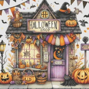 ハロウィンショップ、ビッグサイズ、ゴースト、カボチャ、クロスステッチパターン、モダンクロスステッチ、PDF、即時ダウンロード、HalloweenShop1