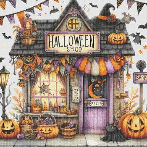 Halloween Shop, groot formaat, spook, pompoen, kruissteekpatroon, moderne kruissteek, pdf, instant download, HalloweenShop1