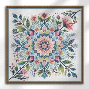 Può includere: Un disegno floreale a punto croce incorniciato. L'opera presenta un motivo simmetrico con fiori e foglie rosa, blu, gialli e verdi. Il disegno è ambientato su uno sfondo bianco e incorniciato in una cornice di legno marrone.