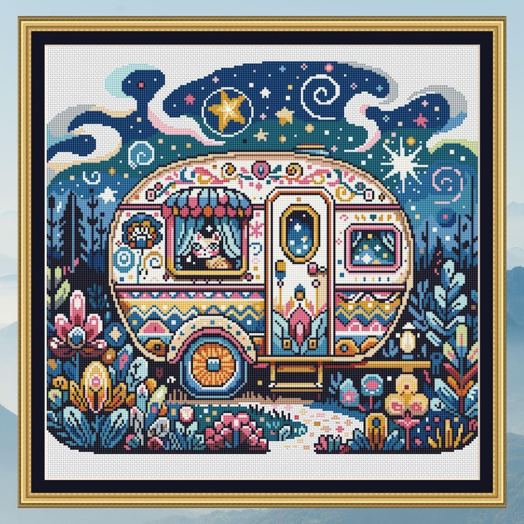 Crosstitch Rv Pattern Whimsical Caravan, Cross Stitch Pattern, Nature, Landscape, Modern ...