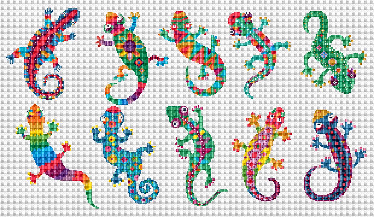 Fiesta Geckos, SET of 10 Geckos, Cross Stitch Pattern, Modern Cross ...