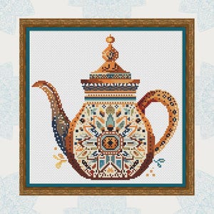 May include: A colourful, ornate teapot with a geometric pattern and a gold lid. The teapot is decorated with a variety of colours, including blue, green, orange, and brown.