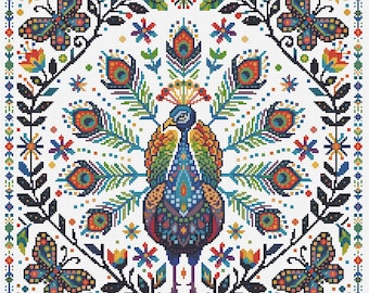 Mandala del pavone, schema per punto croce, fiori, punto croce moderno, PDF, download immediato, BIRD47