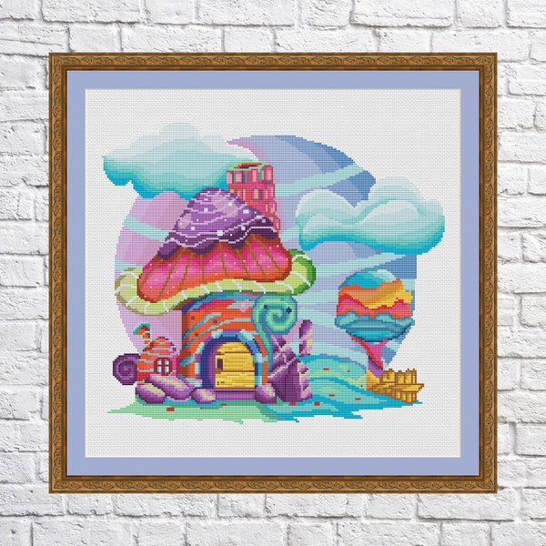 Machroom house cross stitch pattern, rainbow colors, modern cross stitch, PDF, instant download, H&C02