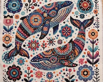 Scandinavian Whale Cross Stitch Pattern, Floral Ocean cross stitch, PDF, instant download, ANM101