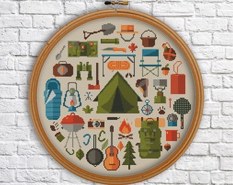 Camping cross stitch pattern, Nature, modern cross stitch, PDF, instant download, Camp01
