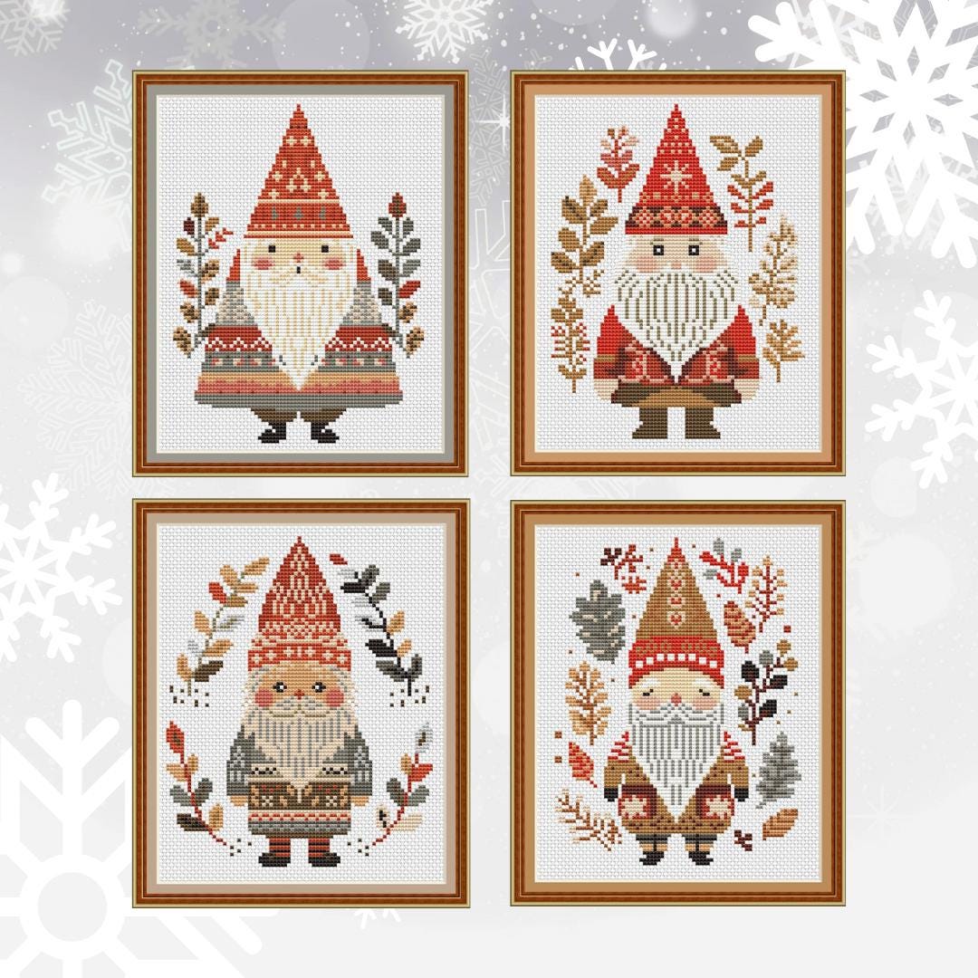 Set of 4 Christmas Gnome, New Year cross stitch, Holidays, modern cross stitch, PDF, instant download, GNOME04