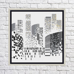 Può includere: Illustrazione geometrica di città in bianco e nero con accenti dorati. L'immagine rappresenta una serie di edifici con finestre e porte, creando un design moderno e astratto.