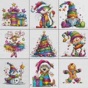 May include: A set of vibrant Christmas illustrations. The images feature a cat in a Santa hat, a gnome, a reindeer ballerina, a Christmas tree, an elf, a snowman, a dog with a gift, and a gingerbread man.