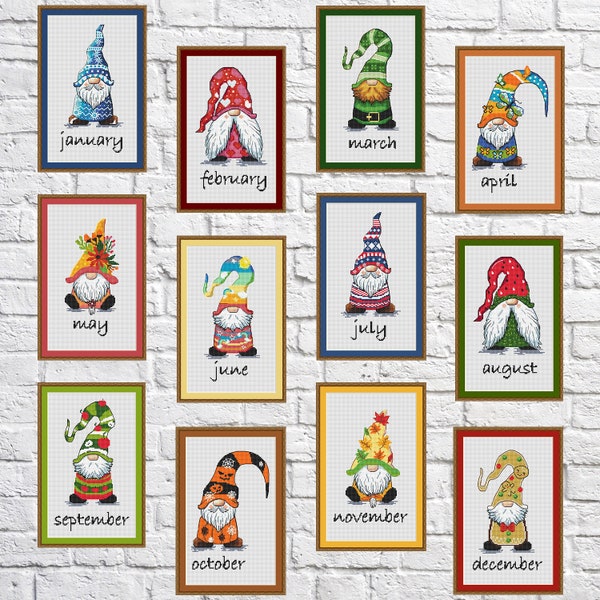 All months Gnome, New Year cross stitch, Holidays, modern cross stitch, PDF, instant download, GNOME01
