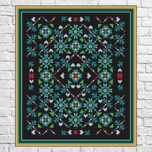 Puede incluir: Un patrón geométrico en blanco y negro con acentos verdes, azules y rojos. El patrón está formado por cuadrados, triángulos y estrellas.