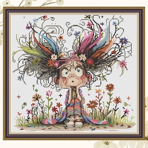 May include: A colourful cross-stitch pattern of a girl with a wild, colourful mane of hair sitting in a field of flowers. The girl has a surprised expression on her face and is wearing a colourful dress.