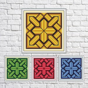 Könnte beinhalten: Vier gerahmte Kreuzstichmuster mit geometrischen Designs. Das obere Muster ist gold, das linke Muster ist grün, das rechte Muster ist blau und das untere Muster ist rot.
