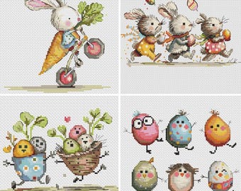 EASTER set Cross Stitch Pattern, Cute Spring bunnies, ducks, sheep, and chicks, modern cross stitch, PDF, instant download, EST15