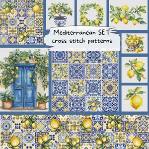 Könnte beinhalten: Eine Sammlung von Kreuzstichmustern mit mediterranem Thema. Die Designs zeigen Zitronen, blau-gelbe Fliesenmuster und eine blaue Tür mit Zitronengirlanden. Der Text lautet "Mediterranean SET cross stitch patterns."