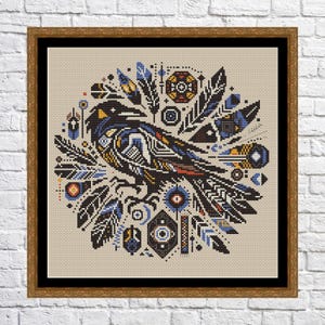 May include: A black and blue crow with geometric patterns surrounded by feathers and abstract shapes in a circular design.