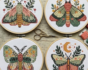 Celestial Moth Cross Stitch Pattern Set, Moon & Floral Embroidery Patterns, modern cross stitch, PDF, instant download, BTF17